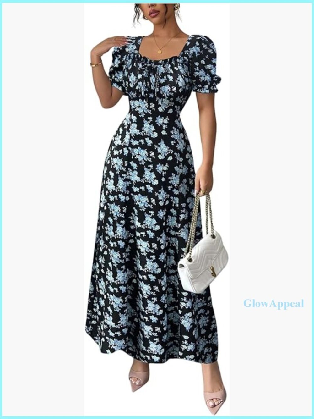Floral Short Puff Sleeve Milkmaid Dress A-Line Long Boho Casual
